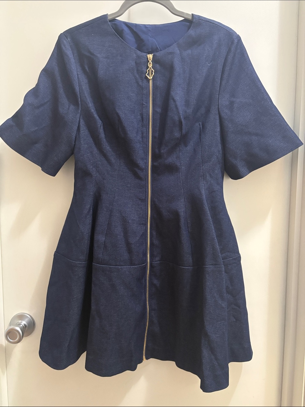 Commense Navy Blue Zip-Front Fit & Flare Mini Dress